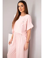 Dámský komplet z viskózy s ozdobným květem a širokými kalhotami pudrově růžová