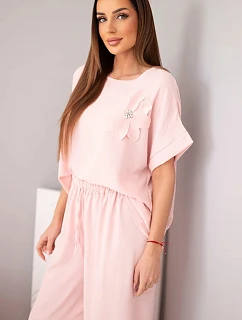 Dámský komplet z viskózy s ozdobným květem a širokými kalhotami pudrově růžová