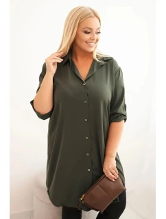 Dámská košilová šaty Plus Size s delším zadním dílem a model 21428153 rukávy khaki - K-Fashion