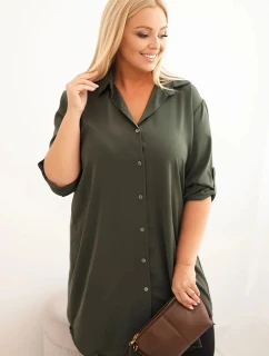 Dámská košilová šaty Plus Size s delším zadním dílem a model 21428153 rukávy khaki - K-Fashion