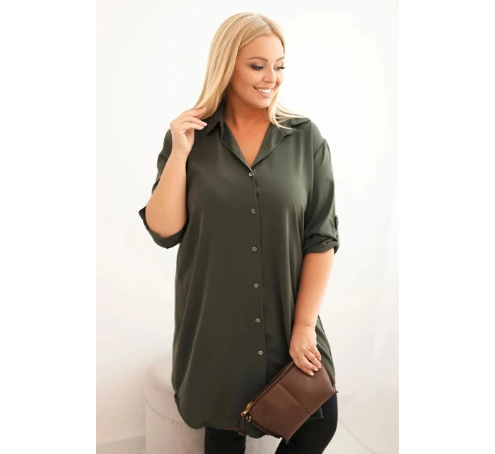 Dámská košilová šaty Plus Size s delším zadním dílem a model 21428153 rukávy khaki - K-Fashion