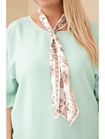 Dámská viskózová halenka Plus Size s krátkým rukávem a ozdobným šátkem tmavě mentolová