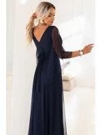 655-3 Dlouhé lehké třpytivé šaty s výstřihem a průhlednými rukávy - tmavě modré 655-3 Dlouhé lehké třpytivé šaty s výstřihem a průhlednými rukávy - tmavě modré