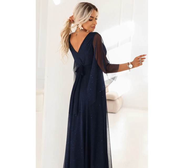 655-3 Dlouhé lehké třpytivé šaty s výstřihem a průhlednými rukávy - tmavě modré 655-3 Dlouhé lehké třpytivé šaty s výstřihem a průhlednými rukávy - tmavě modré
