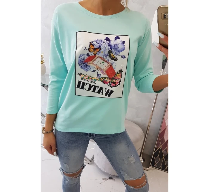 Halenka s 3D grafikou hodinek v mátové barvě Halenka s 3D grafikou hodinek v mátové barvě