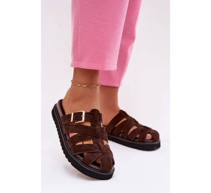 Dámské pantofle s pásky a zlatým přezkou Čokoládové Roselisse