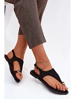 Dámské sandály Ploché se zlatým detailem Eko semiš Černé Jelviane