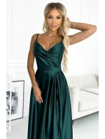 299-9 CHIARA elegantní maxi dlouhé saténové šaty bez ramínek - BOTTLE GREEN
