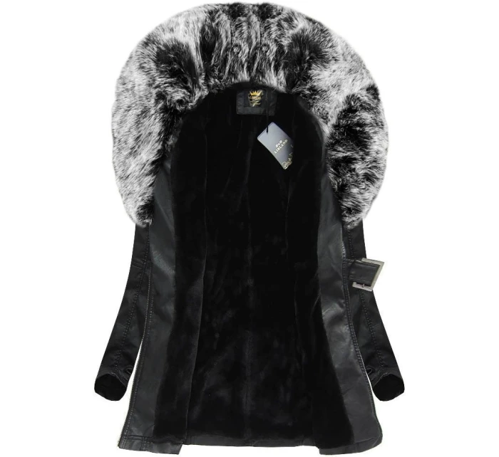 Černo-šedý kabát z ekologické kůže s kožešinovým límcem Libland (LD-5518)