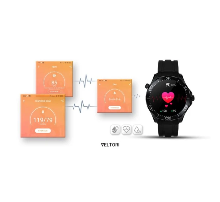 VELTORI VT150-1 Smartwatch Černý silikonový řemínek + černý náramek VELTORI VT150-1 Smartwatch Černý silikonový řemínek + černý náramek