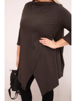 Dámská bavlněná blůza Plus Size asymetrická s ohrnutým rukávem hnědá