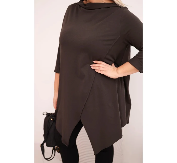 Dámská bavlněná blůza Plus Size asymetrická s ohrnutým rukávem hnědá