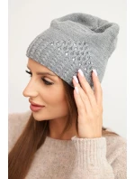 Dámská zimní čepice z vlny s ozdobným pletením a kamínky K449 šedá
