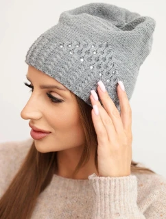 Dámská zimní čepice z vlny s ozdobným pletením a kamínky K449 šedá