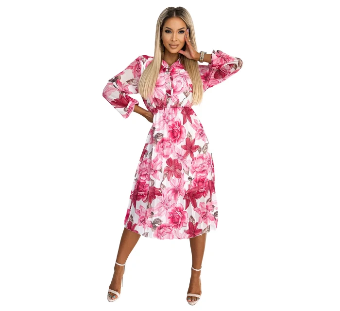 Plisované dámské midi šaty s dlouhými rukávy a se vzorem tmavě květů na pozadí model 21366270 - numoco basic Plisované dámské midi šaty s dlouhými rukávy a se vzorem tmavě květů na pozadí model 21366270 - numoco basic