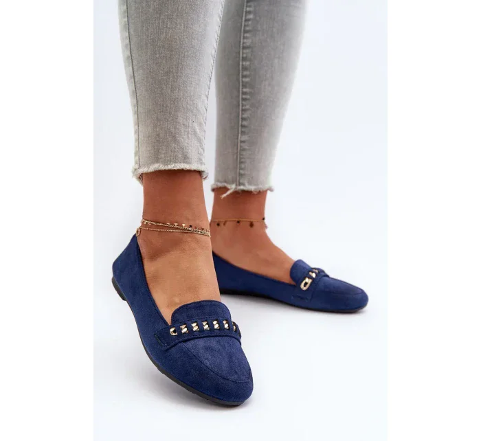Lesklé dámské mokasíny s řetízkem, tmavě modrá Aredilla