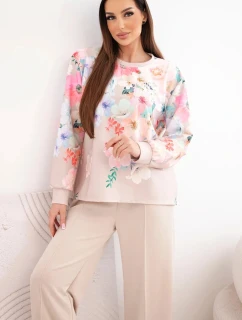 Dámský viskózový komplet s máslovou úpravou v květinovém vzoru se širokými nohavicemi béžový