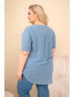 Dámská bavlněná halenka Plus Size s výstřihem na knoflíky džínová