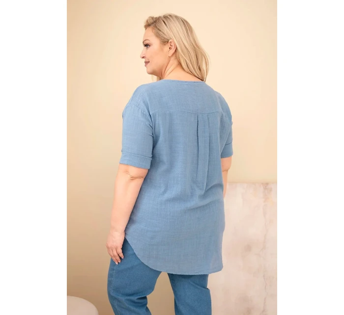 Dámská bavlněná halenka Plus Size s výstřihem na knoflíky džínová