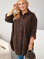 Dámská košile Plus Size z viskózy manšestrová s odepínacími rukávy hnědá