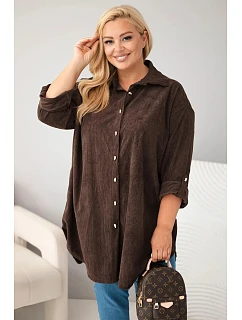 Dámská košile Plus Size z viskózy manšestrová s odepínacími rukávy hnědá