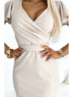 479-5 Šaty NINA s obálkovým výstřihem, rukávy a páskem - BEACH