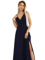 elegantní maxi šaty s obálkovým výstřihem a rozparkem na nohou tmavě modré model 21427379 - numoco