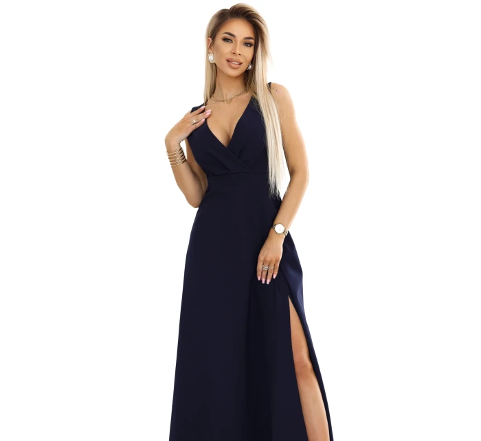 elegantní maxi šaty s obálkovým výstřihem a rozparkem na nohou tmavě modré model 21427379 - numoco