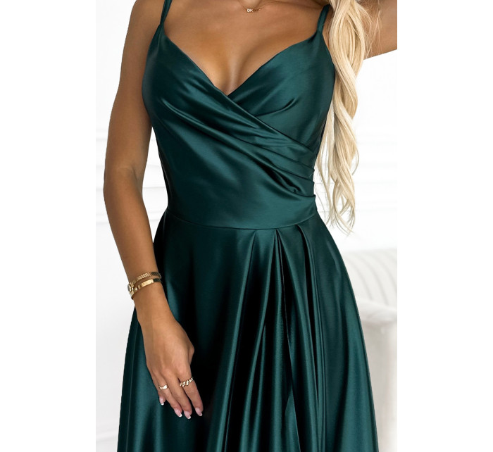 Elegantní saténové maxi šaty na ramínka Numoco CHIARA - zelené