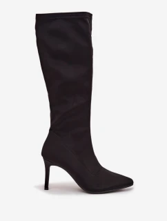 Dámské kozačky z textilního materiálu na jehlovém podpatku S.Barski – černé