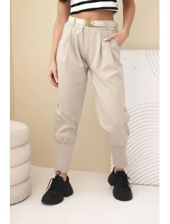 Dámské kalhoty z vysokým pasem a páskem bavlněné tmavě béžová