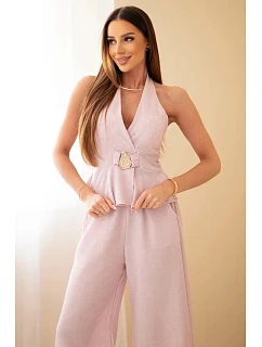 Dámský viskózový komplet top na zavazování a kalhoty se širokou nohavicí růžový