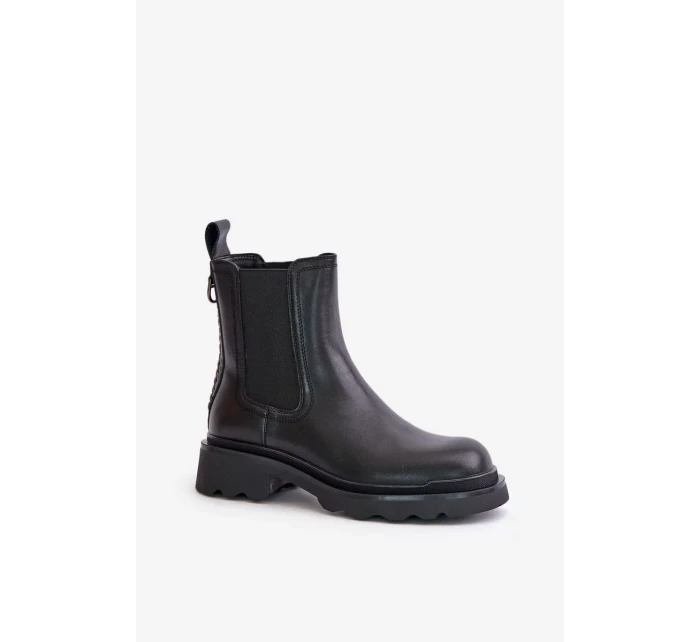 Kožené Kotníkové Boty Chelsea S Ozdobným Řetězem Zateplené D&A Černé Kožené Kotníkové Boty Chelsea S Ozdobným Řetězem Zateplené D&A Černé