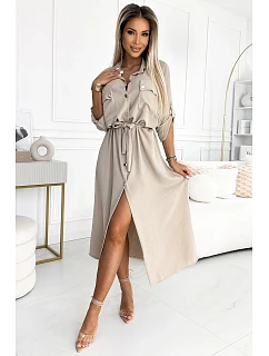 Midi šaty se zlatými knoflíky model 22260589 béžové - numoco