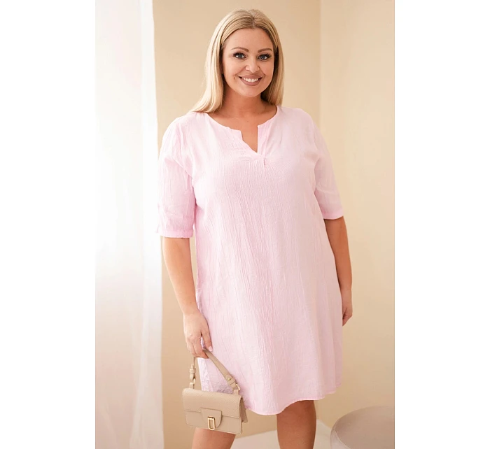 Dámské viskózové šaty Plus Size s krátkým rukávem a výstřihem do V bonbónově růžová