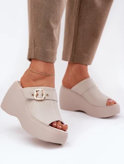 Kožené Dámské Sandály Na Platformě A Klínu S Přezkou Béžové S.Barski LR51-542