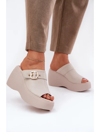 Kožené Dámské Sandály Na Platformě A Klínu S Přezkou Béžové S.Barski LR51-542