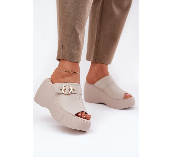 Kožené Dámské Sandály Na Platformě A Klínu S Přezkou Béžové S.Barski LR51-542