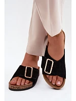 Kožené semišové dámské pantofle s přezkou černé model 22120816 - Boto