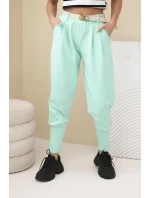 Dámské bavlněné kalhoty s vysokým pasem a páskem mátové