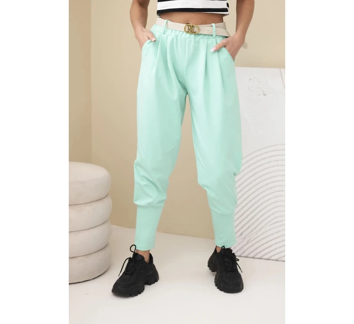 Dámské bavlněné kalhoty s vysokým pasem a páskem mátové