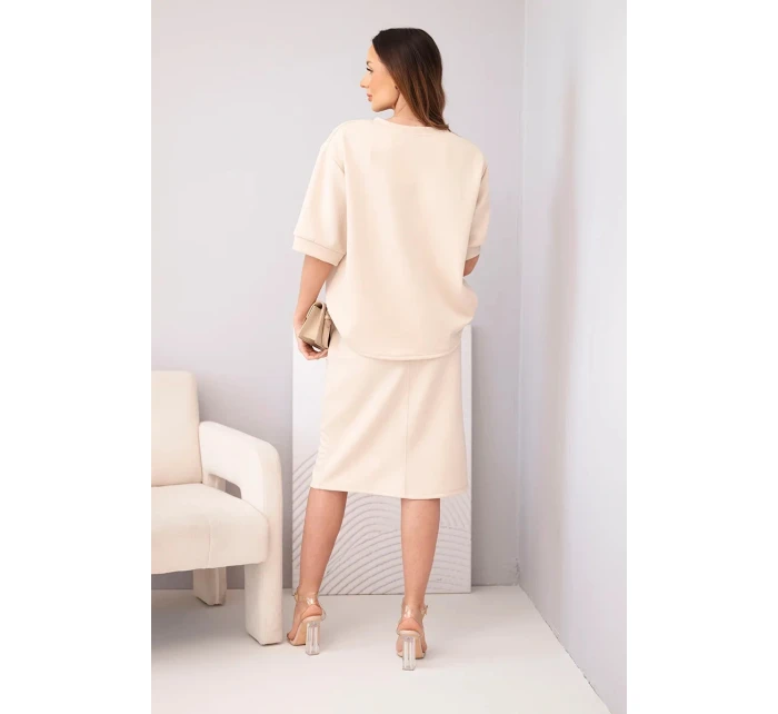 Dámský máslový komplet s halenkou a midi sukní béžový