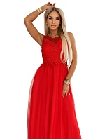 672-5 Romantické svatební maxi šaty s vyšívanou krajkou a tylem - červené