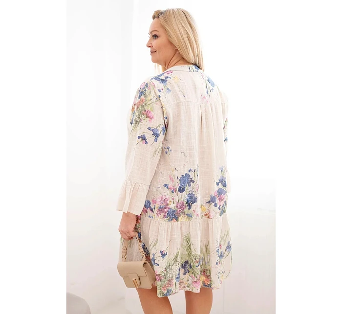 Dámské bavlněné šaty ve velikosti Plus Size s výstřihem do V a knoflíky s květinovým vzorem béžová