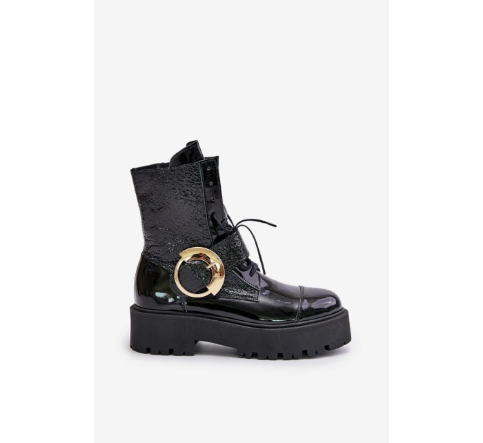 Zazoo 2942 Kožené boty worker se zlatou sponou černé