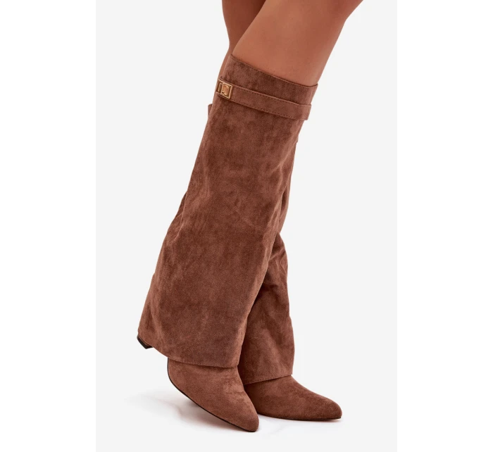 Dámské zateplené kozačky na podpatku s vyhrnutou horní částí Evyra – tmavě béžové, eko semiš