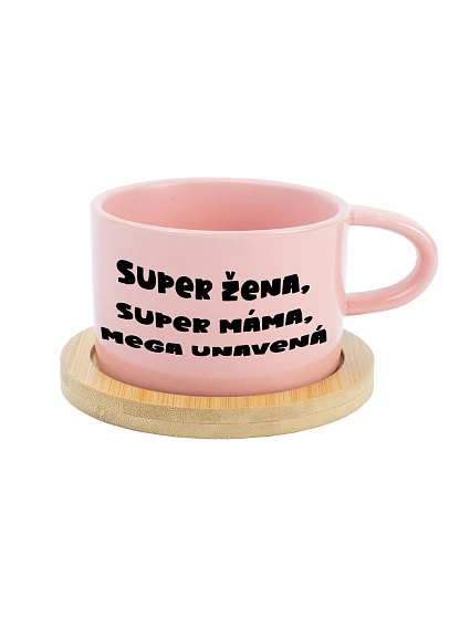 SUPER ŽENA, SUPER MÁMA, MEGA UNAVENÁ. - růžový hrníček makronka 200 ml