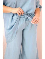 Dámská souprava Plus Size z tencelu, halenka s vázáním a široké kalhoty světlý džínový Dámská souprava Plus Size z tencelu, halenka s vázáním a široké kalhoty světlý džínový