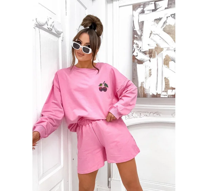 Růžový dámský bavlněný komplet mikina a šortky model 21056407 - Moon Růžový dámský bavlněný komplet mikina a šortky model 21056407 - Moon