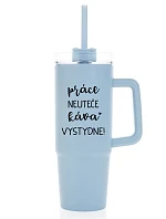PRÁCE NEUTEČE, KÁVA VYSTYDNE! - světle modrý cestovní termohrnek s průhledným víčkem 900 ml